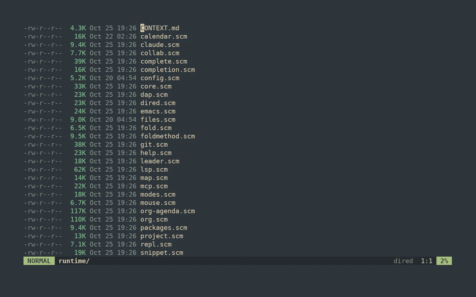 imp's file browser listing Scheme files with their permissions, sizes and modification times