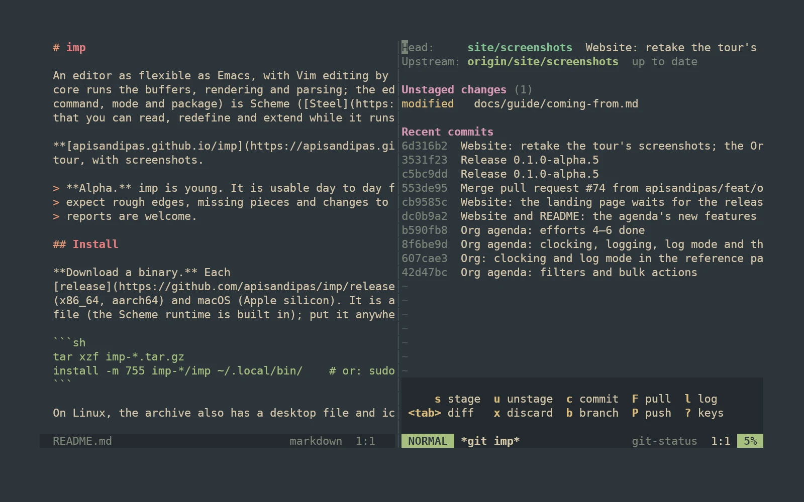 imp with a README on the left and a git status window on the right listing an unstaged change, recent commits and the keys to act on them