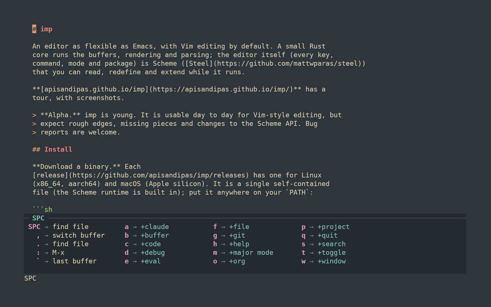 The space leader menu in imp, listing groups like buffer, code, debug, file, git, help, org, project and search