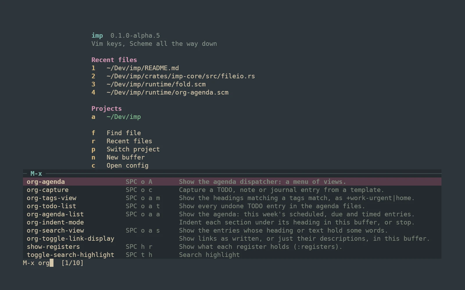 The M-x command palette in imp filtered to org, listing org-agenda and org-capture with their keys and descriptions
