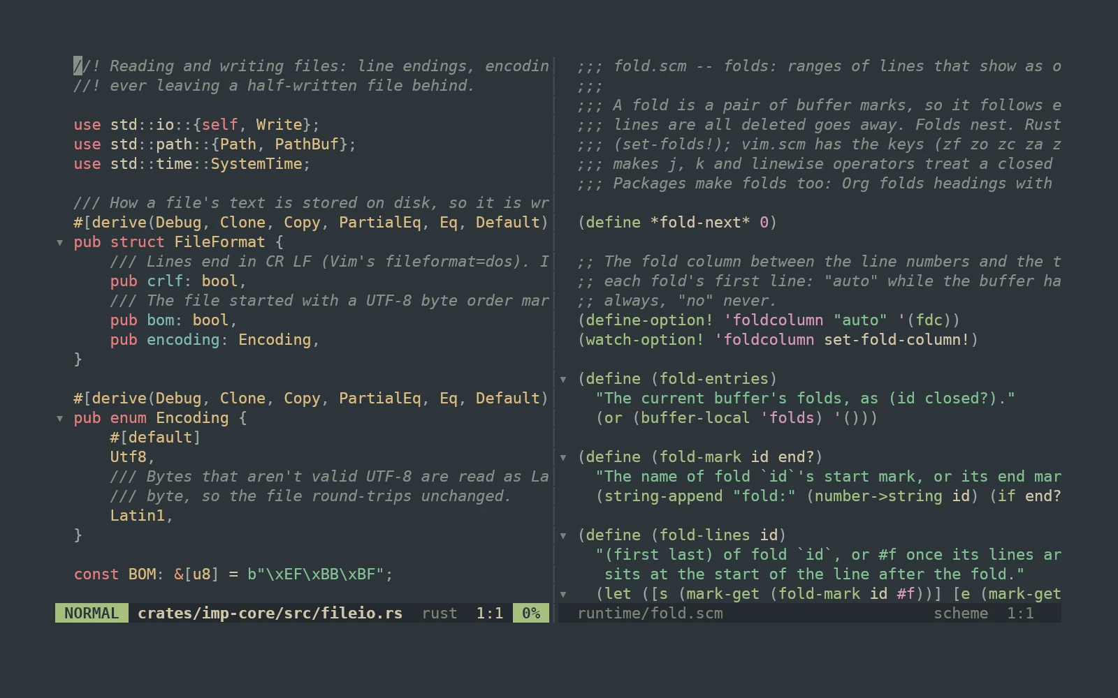 Two side-by-side windows in imp: Rust source on the left and Scheme source on the right, both syntax highlighted, with fold markers